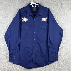 Vintage High Noon Western Embroidered Bull Skull Native Feather Pearl Snap Shirt